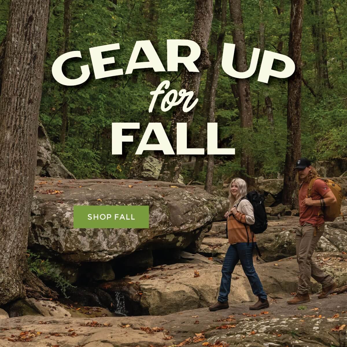 Gear up for Fall Promo Image of couple hiking on trail with hiking gear